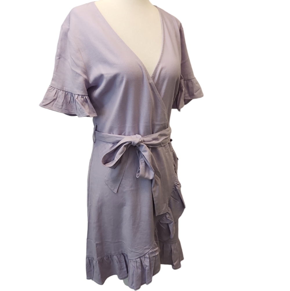 NWT Just Fab Lavender Linen Orchid Ruffle Wrap Dress Size S